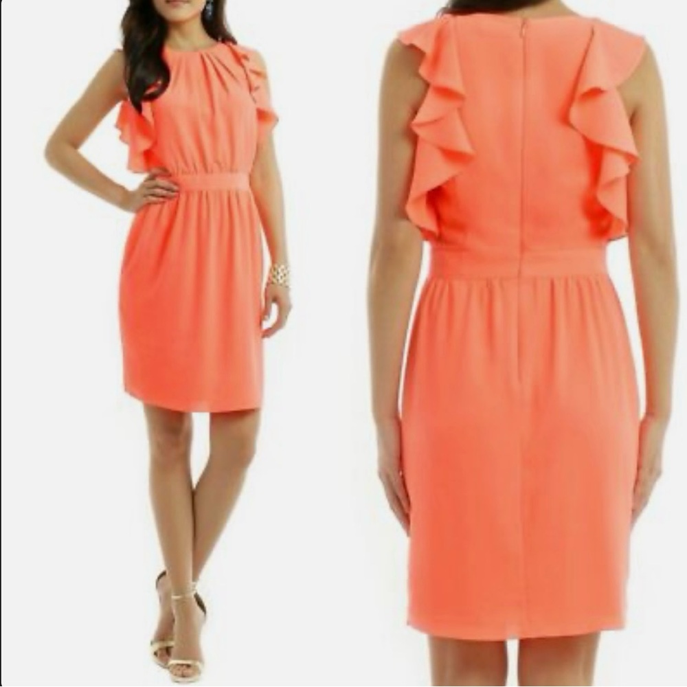 Shoshanna Vibrant Coral Midi Dress with Ruffle Sleeves